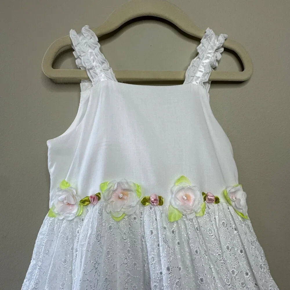 ORIGAMI White Eyelet Dress Girls 3T 3 Floral Waist Cotton Toddler Girl Fancy - Picture 3 of 10